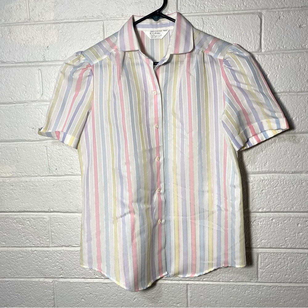 Vintage Made in USA Rainbow Vertical Stripe Button Up Blouse Silver Shiny 12 L W